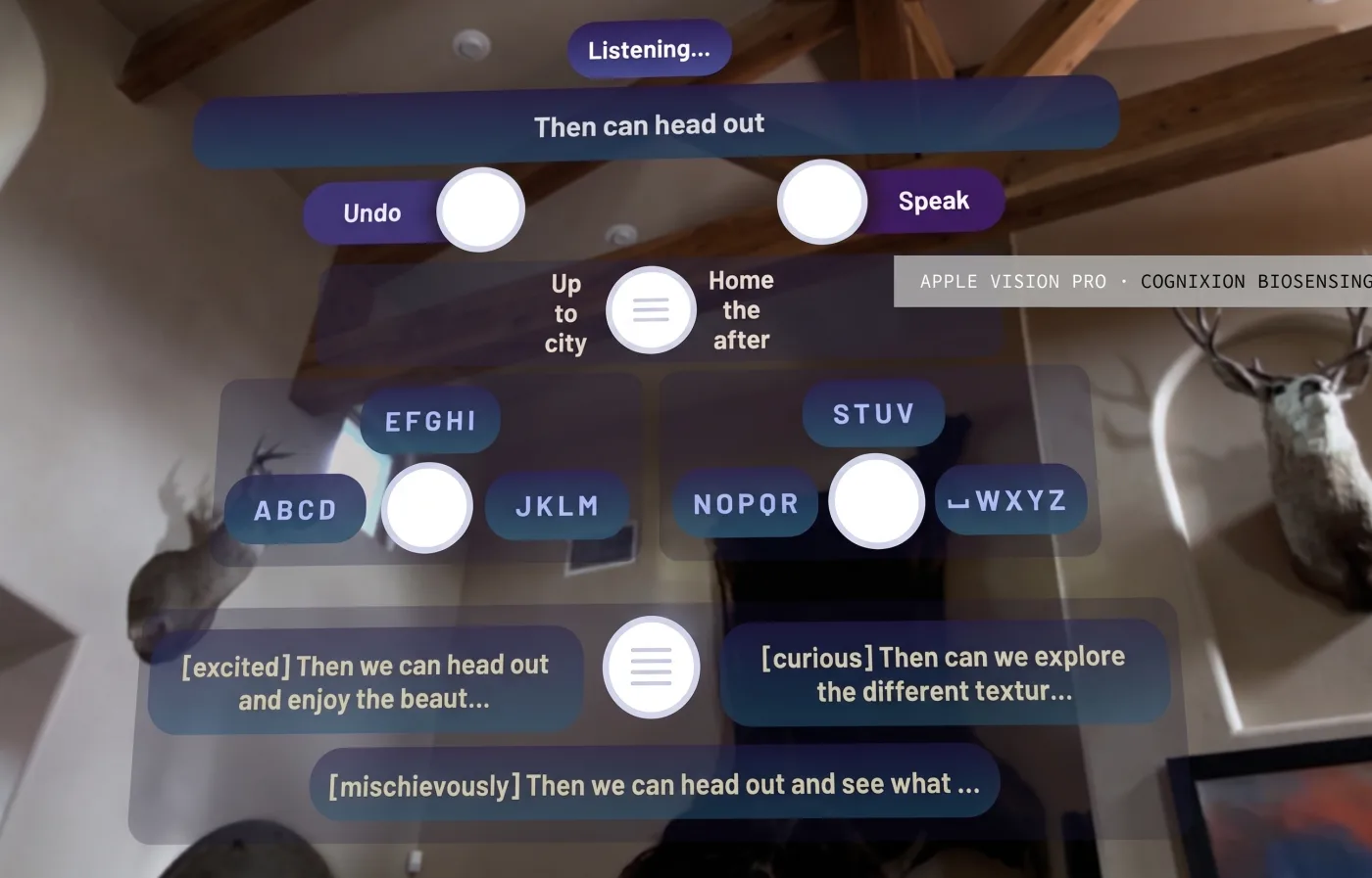 First-person view through the headset. Floating over the participant’s living room: a “Listening” indicator, the sentence “Then can head out” in progress, Undo and Speak buttons, word suggestions, letter groups from ABCD to WXYZ, and three AI phrase suggestions tagged excited, curious, and mischievously. Each white circle is a selection target.