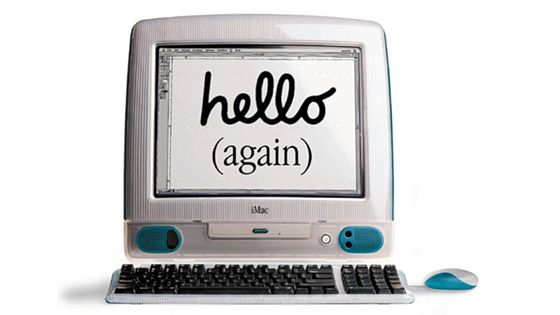 Retro-style computer displaying “hello (again)”