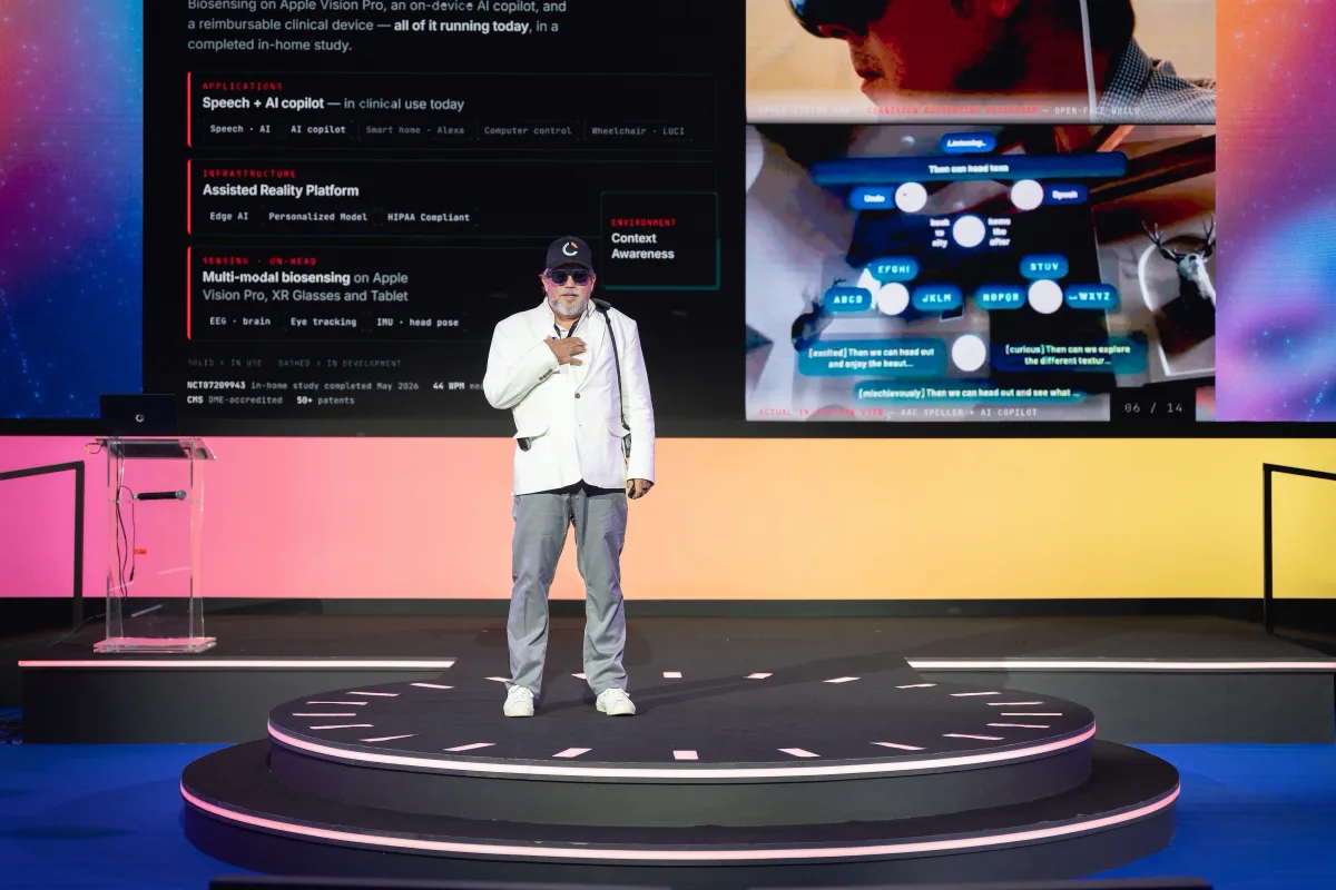 Cognixion founder and CEO Andreas Forsland presenting the Axon-R on stage at LEAP 2026 in Riyadh