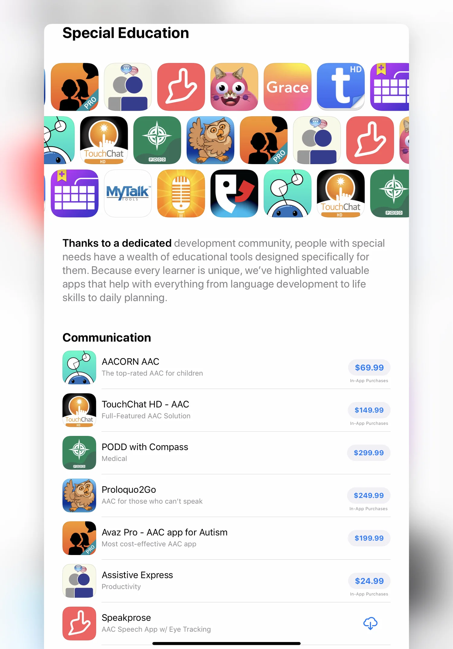 Apple App Store Special Education collection featuring Speakprose