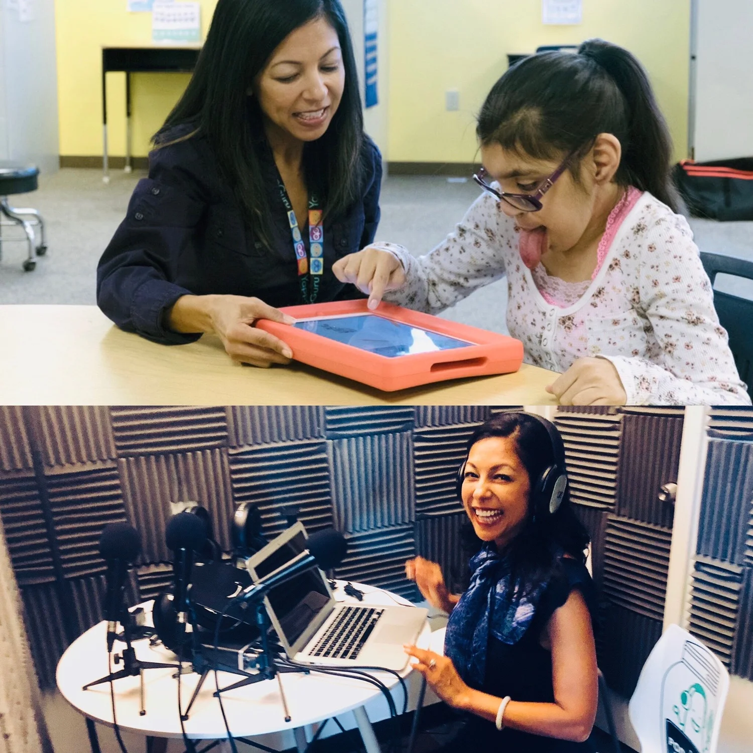 Mai Ling Chan helping a person use a tablet and recording a podcast