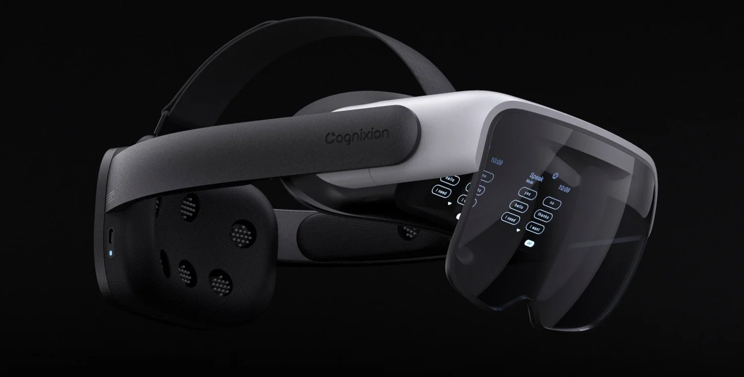Side view of a black Cognixion ONE headset and controller