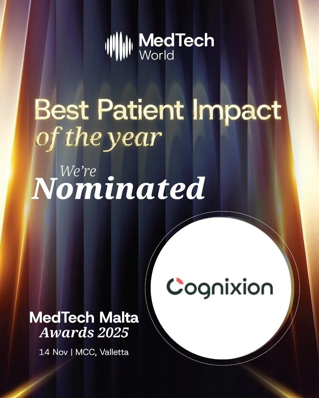 MedTech Malta Awards graphic nominating Cognixion for Best Patient Impact of the Year