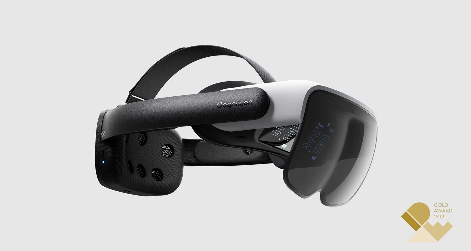 Axon-R headset beside a gold award ribbon