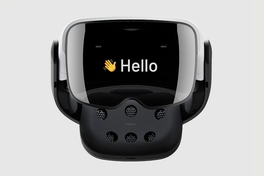 Front view of a Cognixion ONE headset displaying “Hello”
