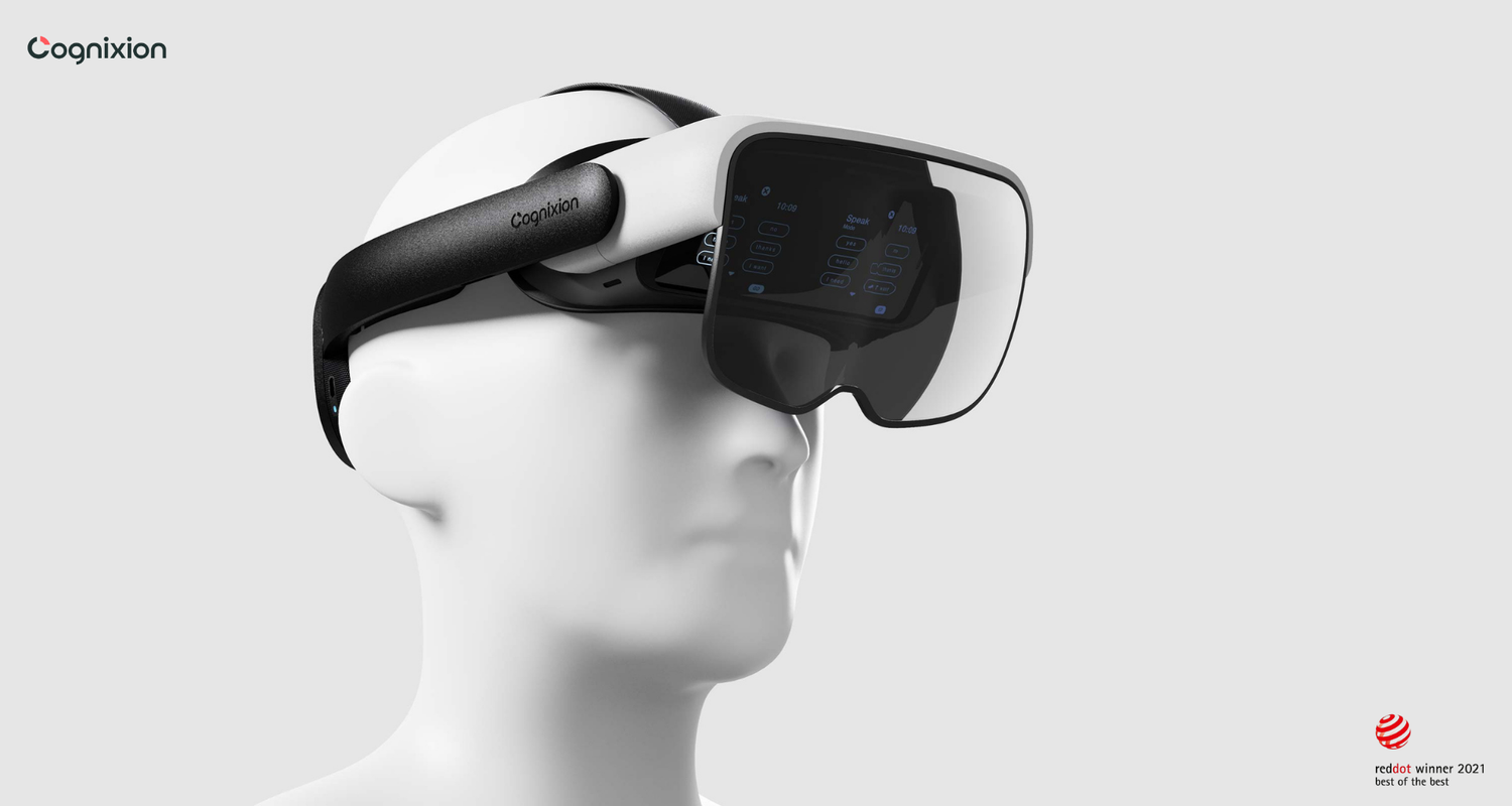 Cognixion ONE headset on a mannequin with a Red Dot Winner 2021 badge