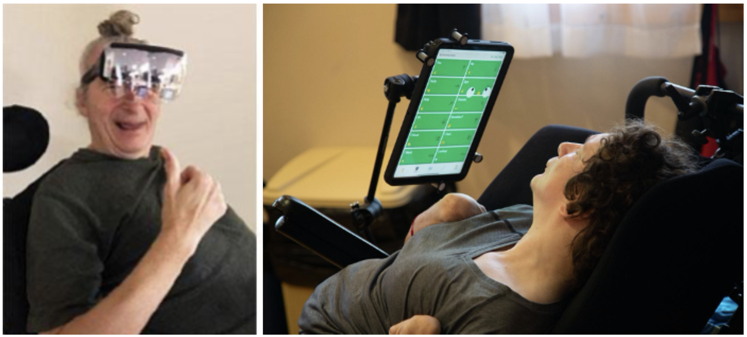 Figure 2: Three of the many interfaces available in Speakprose® (Cognixion’s AAC app): swipe or tap on an iPad and eye-tracking (right) and Augmented Reality (left). Among other features (not pictured): brain-machine interface. The app vocalizes the desired statement on behalf of the user from a customizable vocabulary